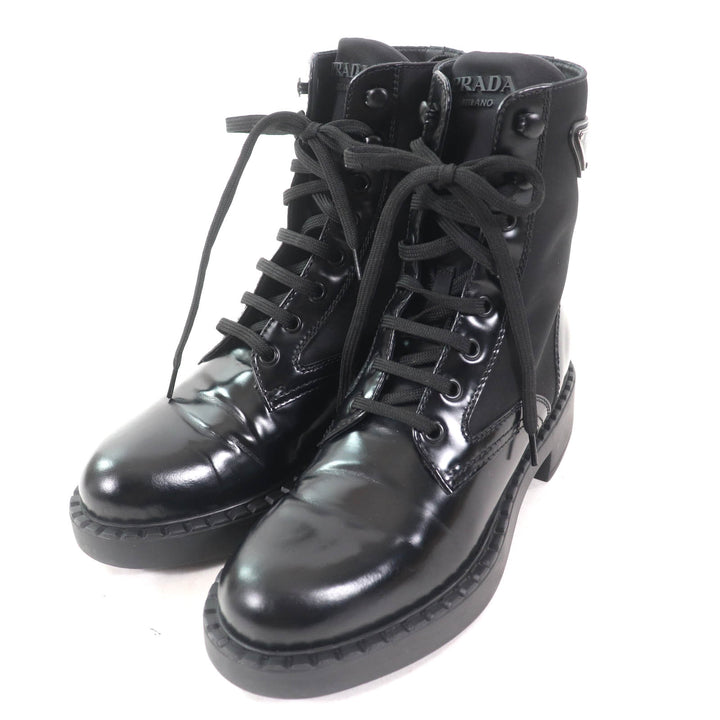 美品★PRADA プラダ 1T782M Re Nylonトライアングルロゴ ブラッシュドレザー ブーツ ブラック 37 箱・保存袋付き イタリア製 レディース