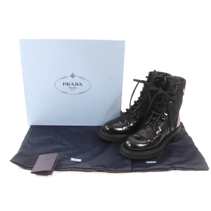 美品★PRADA プラダ 1T782M Re Nylonトライアングルロゴ ブラッシュドレザー ブーツ ブラック 37 箱・保存袋付き イタリア製 レディース