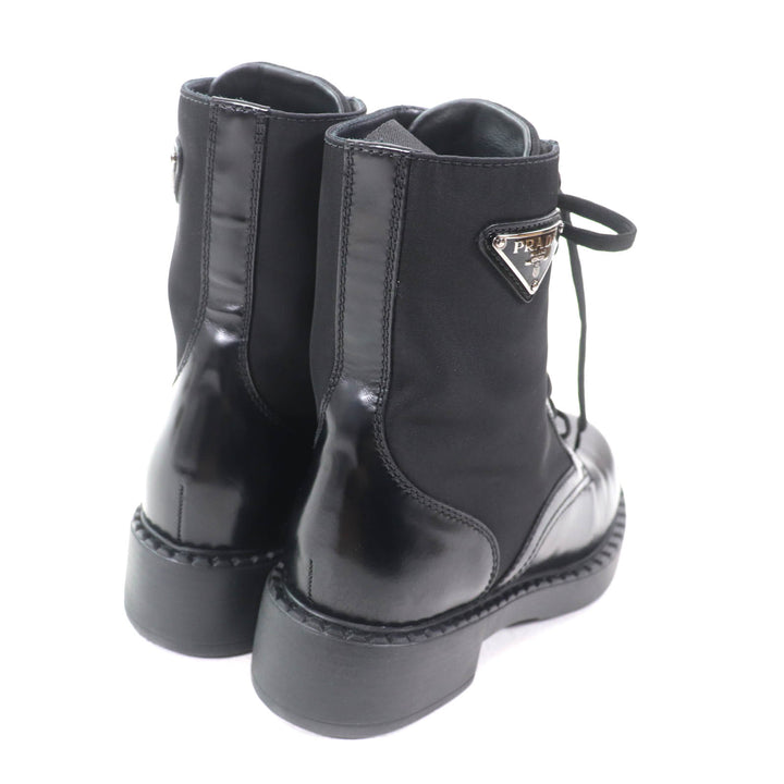 美品★PRADA プラダ 1T782M Re Nylonトライアングルロゴ ブラッシュドレザー ブーツ ブラック 37 箱・保存袋付き イタリア製 レディース