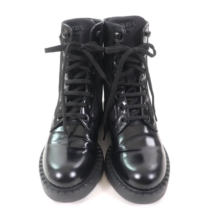 美品★PRADA プラダ 1T782M Re Nylonトライアングルロゴ ブラッシュドレザー ブーツ ブラック 37 箱・保存袋付き イタリア製 レディース