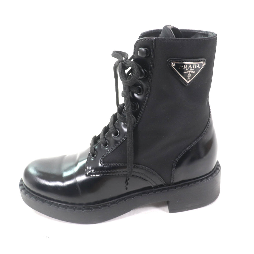 美品★PRADA プラダ 1T782M Re Nylonトライアングルロゴ ブラッシュドレザー ブーツ ブラック 37 箱・保存袋付き イタリア製 レディース
