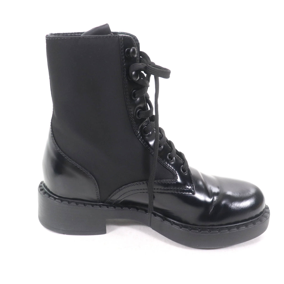 美品★PRADA プラダ 1T782M Re Nylonトライアングルロゴ ブラッシュドレザー ブーツ ブラック 37 箱・保存袋付き イタリア製 レディース