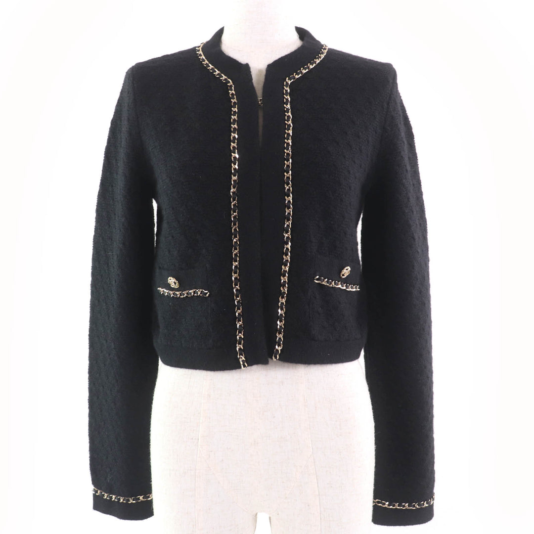 極美品☆CHANEL シャネル P7524K10893 カシミヤ100％ ココマークボタン チェーンデザイン ニット ジャケット ブラック 34 正規品