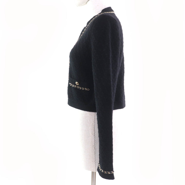 極美品☆CHANEL シャネル P7524K10893 カシミヤ100％ ココマークボタン チェーンデザイン ニット ジャケット ブラック 34 正規品