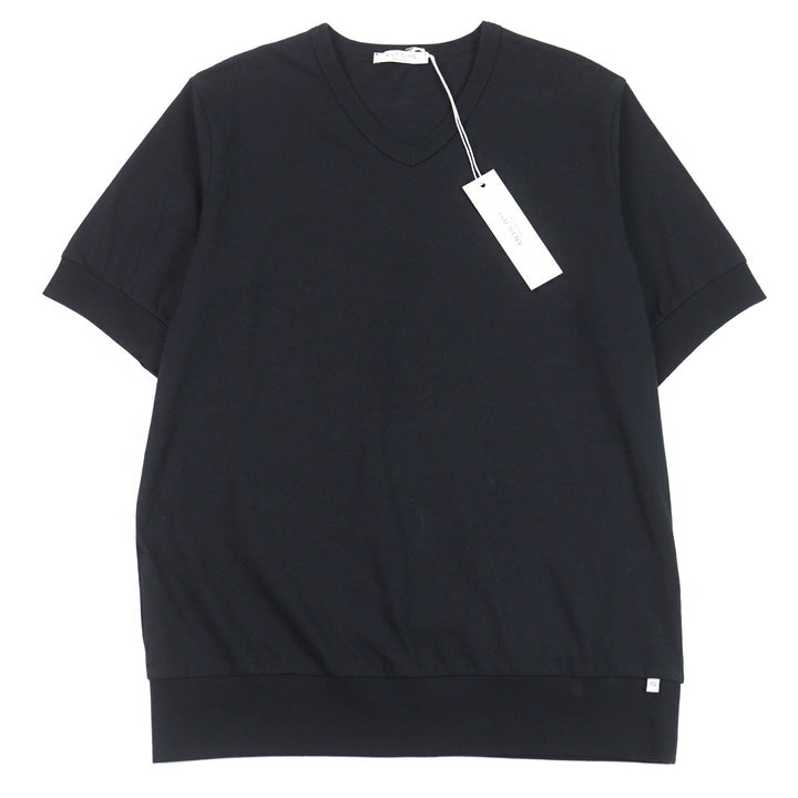 未使用品○ANTICIPO アンティーチポ INZOLIA インツォリア ロゴタグ付き スムースコットン Vネック リブ切替 半袖Ｔシャツ 黒 44 正規品