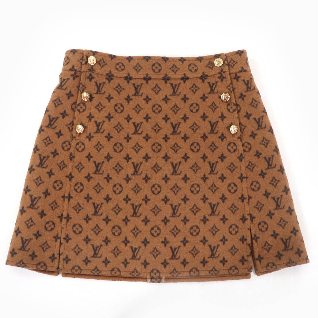 極美品☆LOUIS VUITTON ルイヴィトン 22SS ウール シルク モノグラム LV金ボタン 台形 ミニスカート ブラウン 40 伊製 正規品 レディース