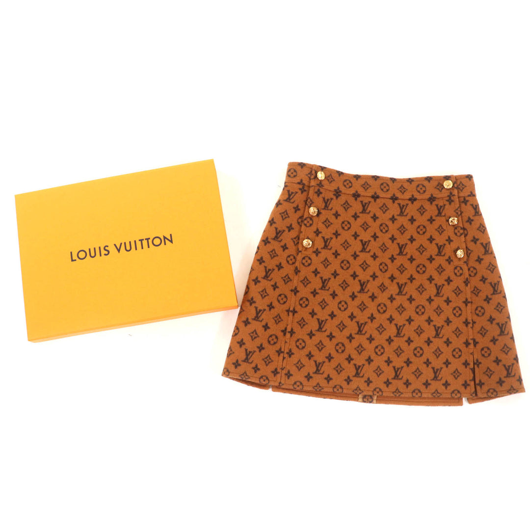 極美品☆LOUIS VUITTON ルイヴィトン 22SS ウール シルク モノグラム LV金ボタン 台形 ミニスカート ブラウン 40 伊製 正規品 レディース