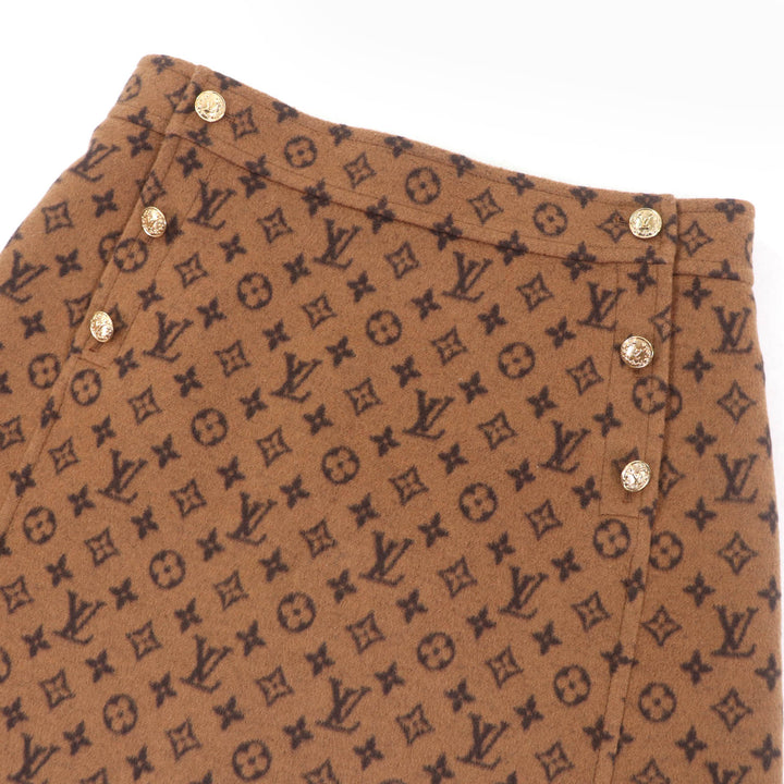 極美品☆LOUIS VUITTON ルイヴィトン 22SS ウール シルク モノグラム LV金ボタン 台形 ミニスカート ブラウン 40 伊製 正規品 レディース