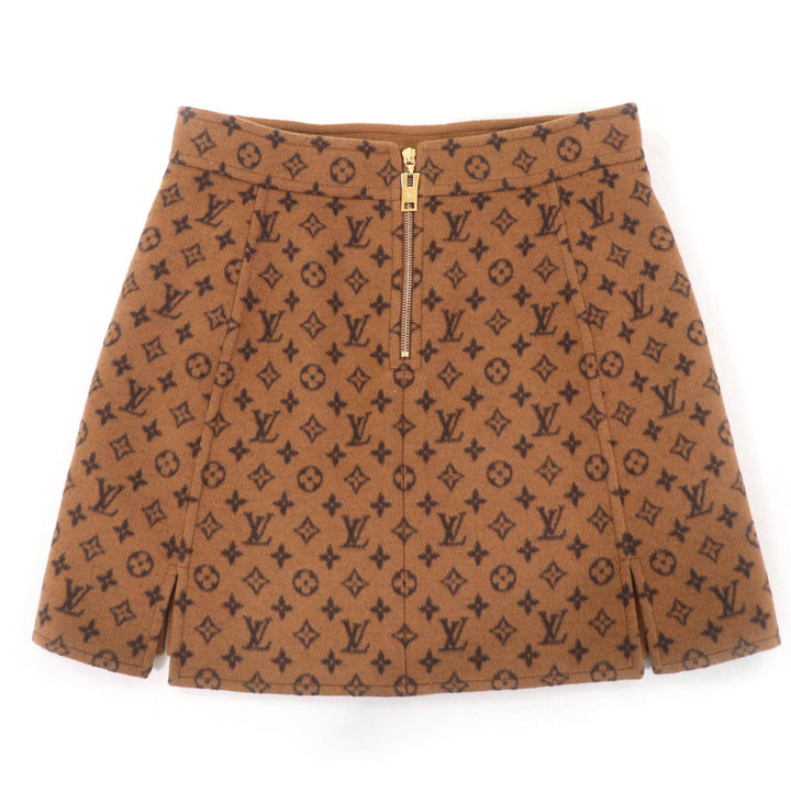 極美品☆LOUIS VUITTON ルイヴィトン 22SS ウール シルク モノグラム LV金ボタン 台形 ミニスカート ブラウン 40 伊製 正規品 レディース