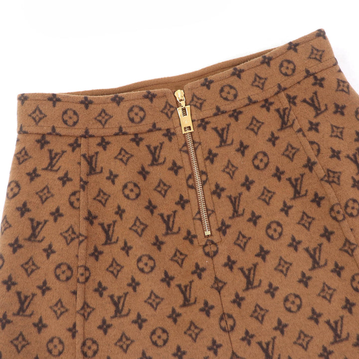 極美品☆LOUIS VUITTON ルイヴィトン 22SS ウール シルク モノグラム LV金ボタン 台形 ミニスカート ブラウン 40 伊製 正規品 レディース