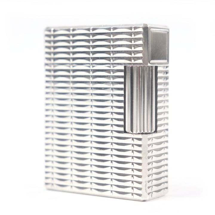 外装極美品□Dupont デュポンライン1 ショート ウェーブ ストライプ柄 スクエア 喫煙具 ガスライター シルバー フランス製 着火不可