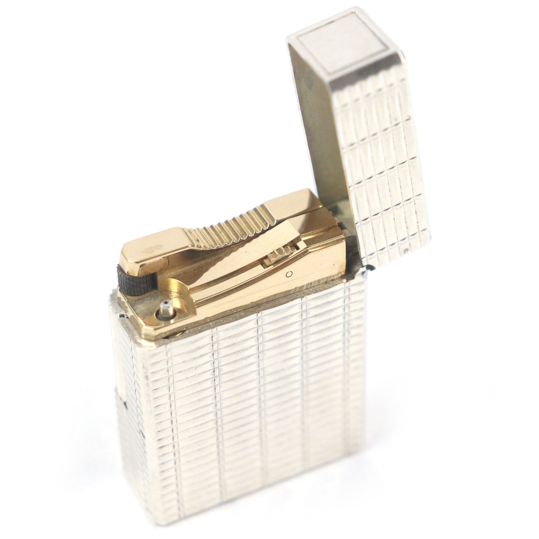 外装極美品□Dupont デュポンライン1 ショート ウェーブ ストライプ柄 スクエア 喫煙具 ガスライター シルバー フランス製 着火不可