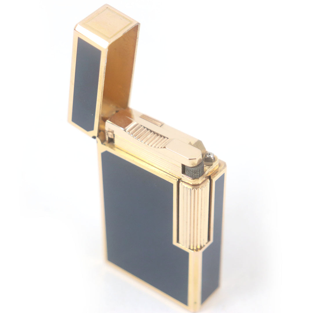 外装美品□Dupont デュポン ライン1 ロング ラッカー スクエア ガスライター ネイビー ピンクゴールド フランス製 メンズ 着火不可