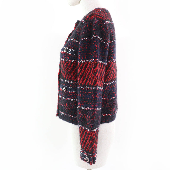 極美品☆CHANEL シャネル 23B P75716K10880 カシミヤ シルク アルパカ混 ココマーク ノーカラー ツイードジャケット レッド系 36 正規品