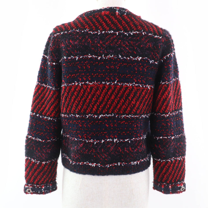 極美品☆CHANEL シャネル 23B P75716K10880 カシミヤ シルク アルパカ混 ココマーク ノーカラー ツイードジャケット レッド系 36 正規品