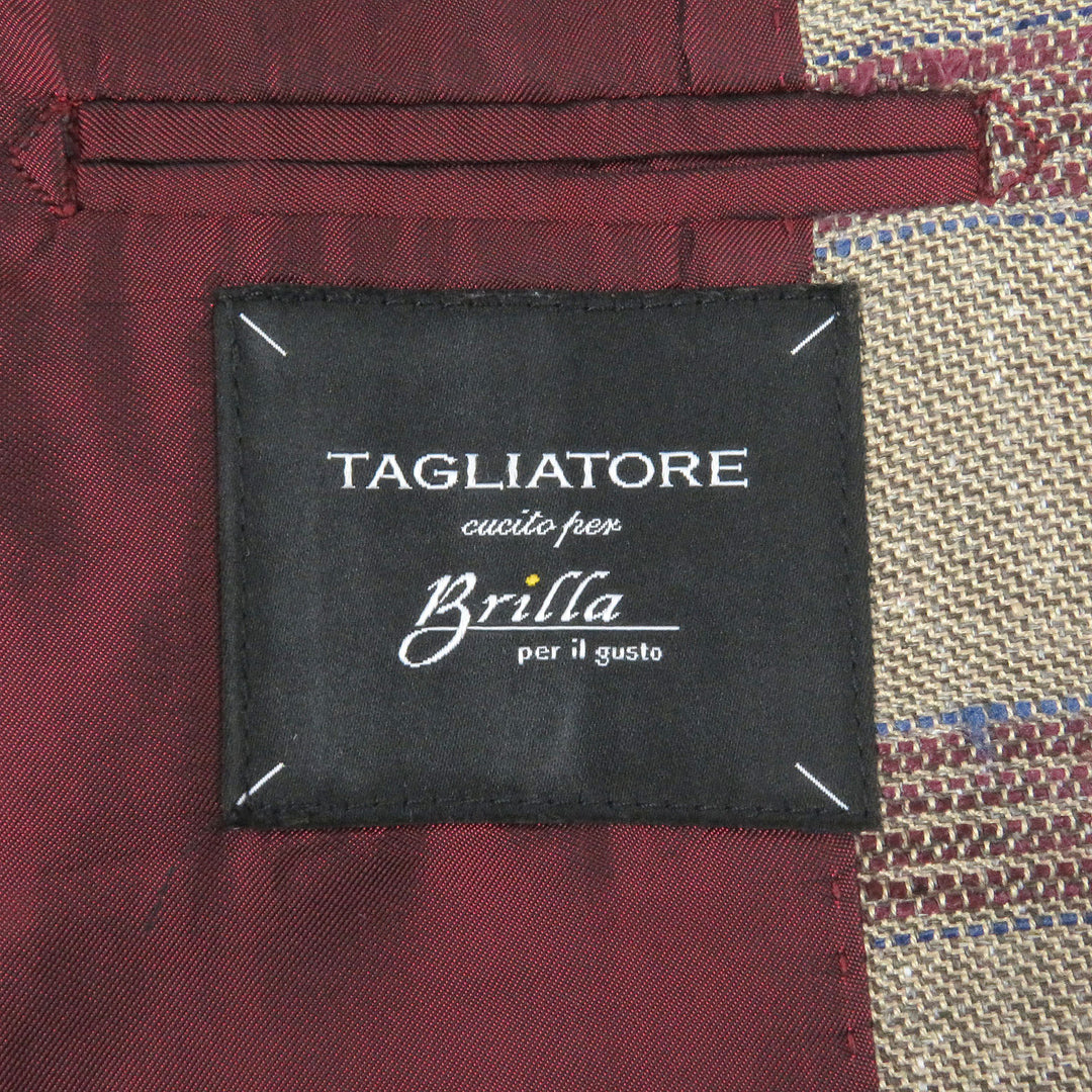 極美品□TAGLIATORE タリアトーレ Brilla シルク リネン チェック柄 シングル アンコンジャケット ベージュ 48 イタリア製 正規品