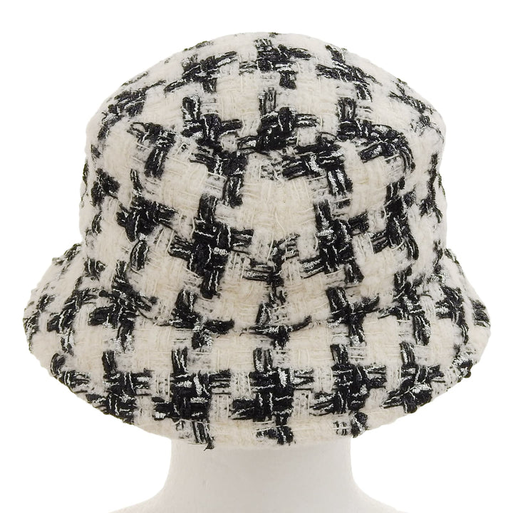 極美品▲CHANEL シャネル 21V ココマーク付き 千鳥格子 ツイード 帽子 ハット ホワイト ブラック M イタリア製 正規品 レディース