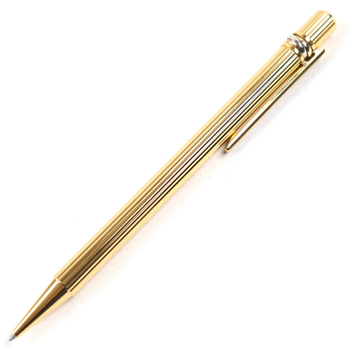 極美品○Cartier カルティエ トリニティ ロゴ刻印 ツイスト式 ブルーインク ボールペン ゴールド ストライプ柄 ケース付き 筆記確認済み