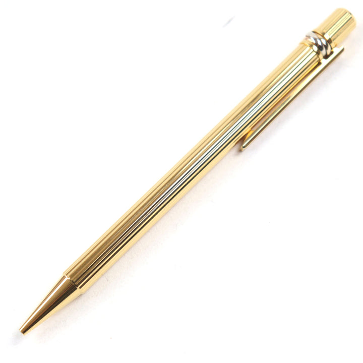 極美品○Cartier カルティエ トリニティ ロゴ刻印 ツイスト式 ブルーインク ボールペン ゴールド ストライプ柄 ケース付き 筆記確認済み