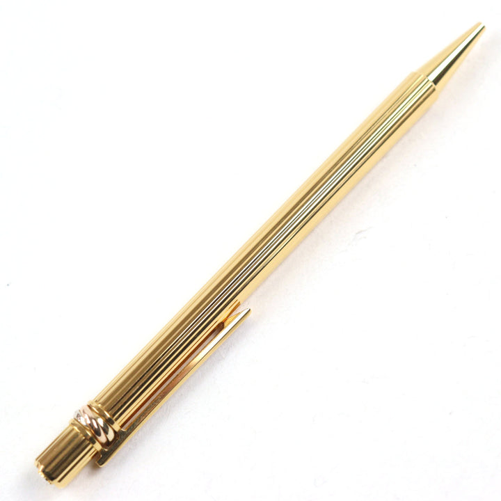 極美品○Cartier カルティエ トリニティ ロゴ刻印 ツイスト式 ブルーインク ボールペン ゴールド ストライプ柄 ケース付き 筆記確認済み