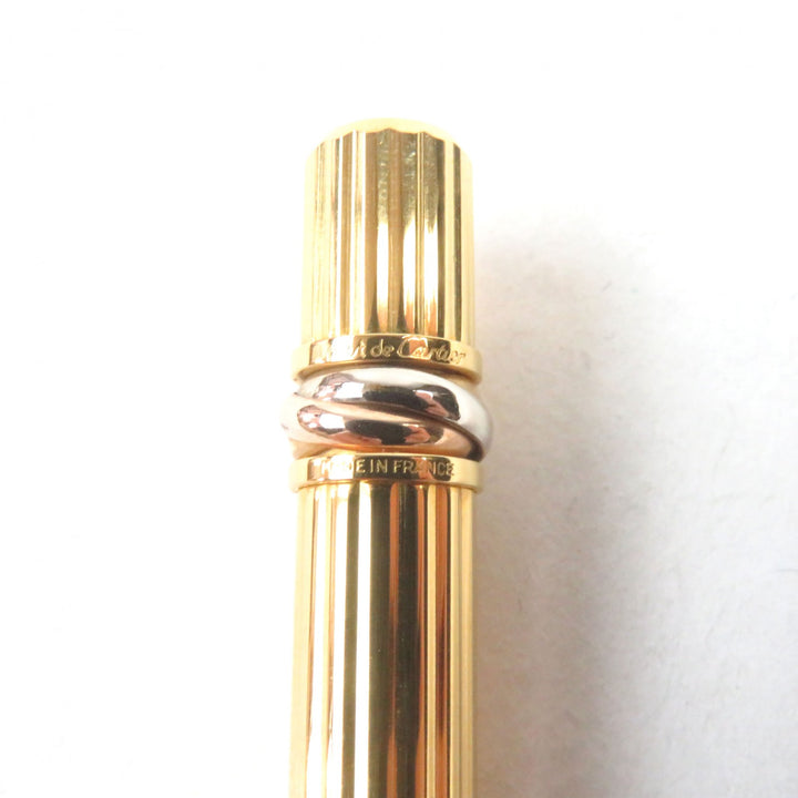 極美品○Cartier カルティエ トリニティ ロゴ刻印 ツイスト式 ブルーインク ボールペン ゴールド ストライプ柄 ケース付き 筆記確認済み