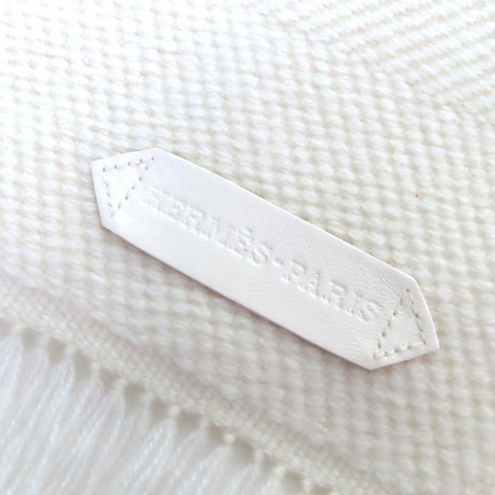 極美品△HERMES エルメス シェヴロンズーム カシミヤ100％ レザーロゴパッチ付き フリンジ ショール マフラー ストール アイボリー