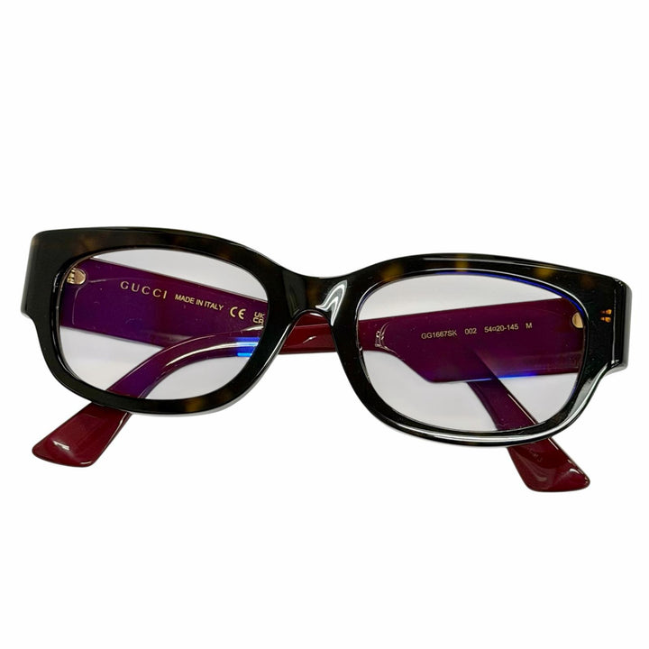 美品△GUCCI グッチ GG1667SK インターロッキングG スクエア メガネ 眼鏡 アイウェア ハバナ グリーン ボルドー 54□20 145 度入り 伊製