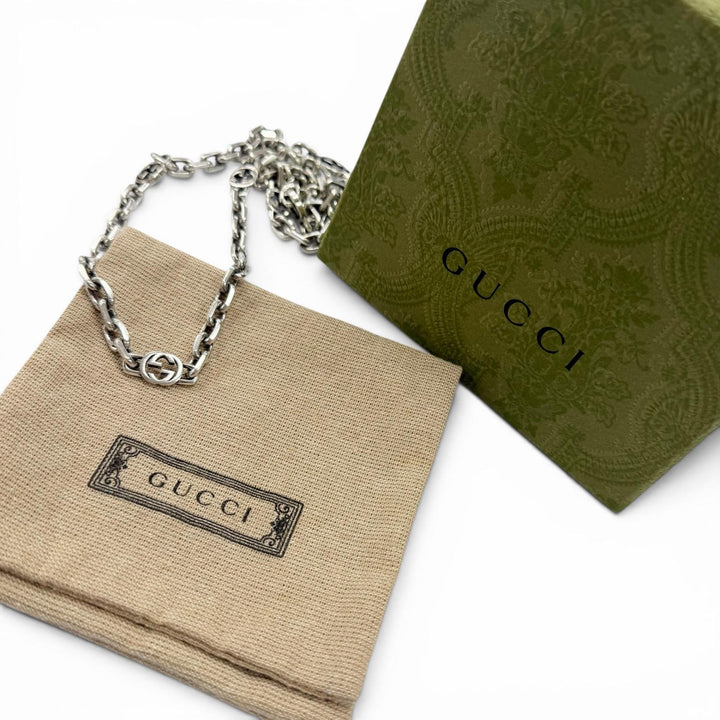 美品□GUCCI グッチ 616941 AG925 インターロッキングG チェーンネックレス シルバー イタリア製 重量57.3g メンズ 箱・保存袋付き
