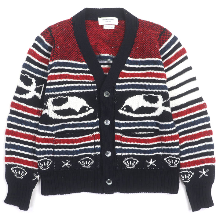 美品▼THOM BROWNE トムブラウン MKC029 コットン ウール 魚柄 Vネック ニット カーディガン マルチカラー 1 正規品 メンズ