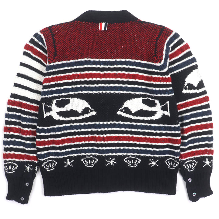 美品▼THOM BROWNE トムブラウン MKC029 コットン ウール 魚柄 Vネック ニット カーディガン マルチカラー 1 正規品 メンズ