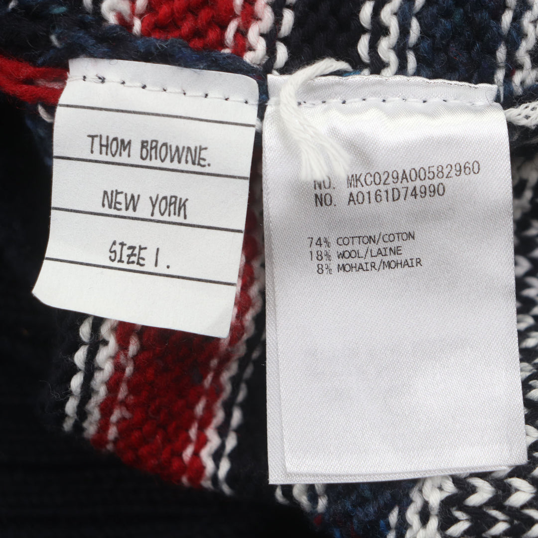 美品▼THOM BROWNE トムブラウン MKC029 コットン ウール 魚柄 Vネック ニット カーディガン マルチカラー 1 正規品 メンズ