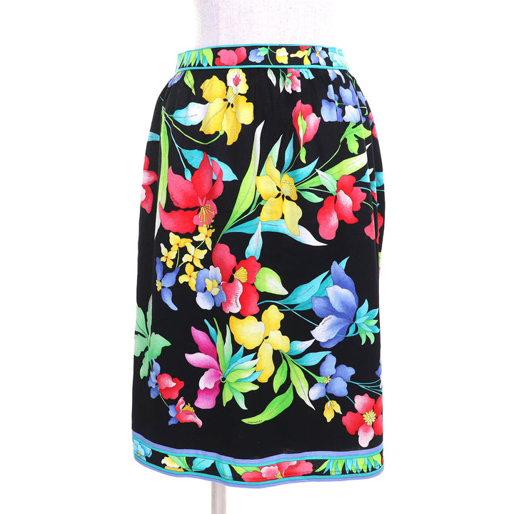 美品△LEONARD FASHION レオナールファッション 0301102/0302102 コットン100% 花柄 ロゴ金ボタン 半袖ジャケット スカート セットアップ
