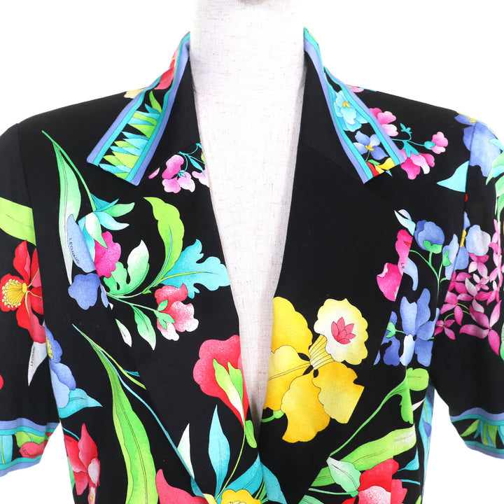 美品△LEONARD FASHION レオナールファッション 0301102/0302102 コットン100% 花柄 ロゴ金ボタン 半袖ジャケット スカート セットアップ
