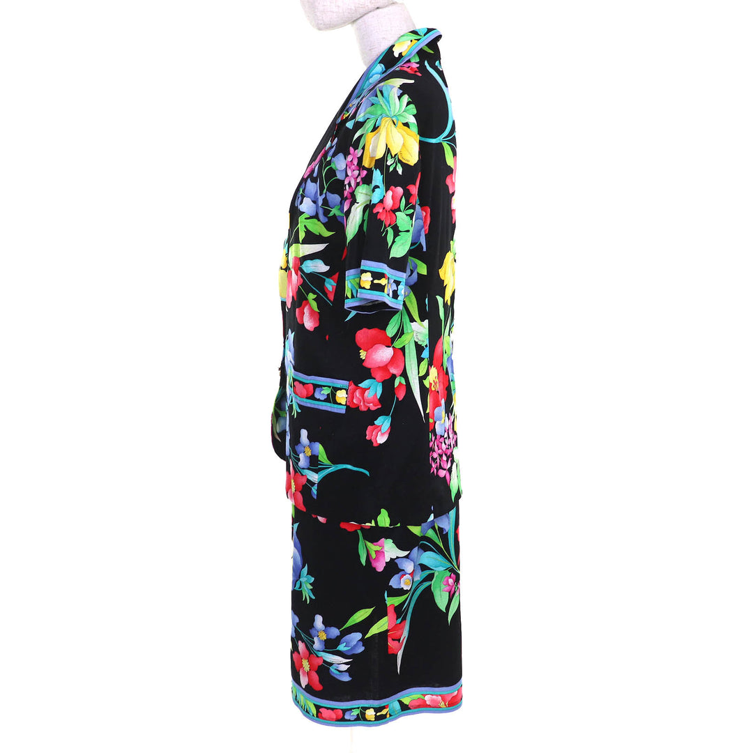 美品△LEONARD FASHION レオナールファッション 0301102/0302102 コットン100% 花柄 ロゴ金ボタン 半袖ジャケット スカート セットアップ