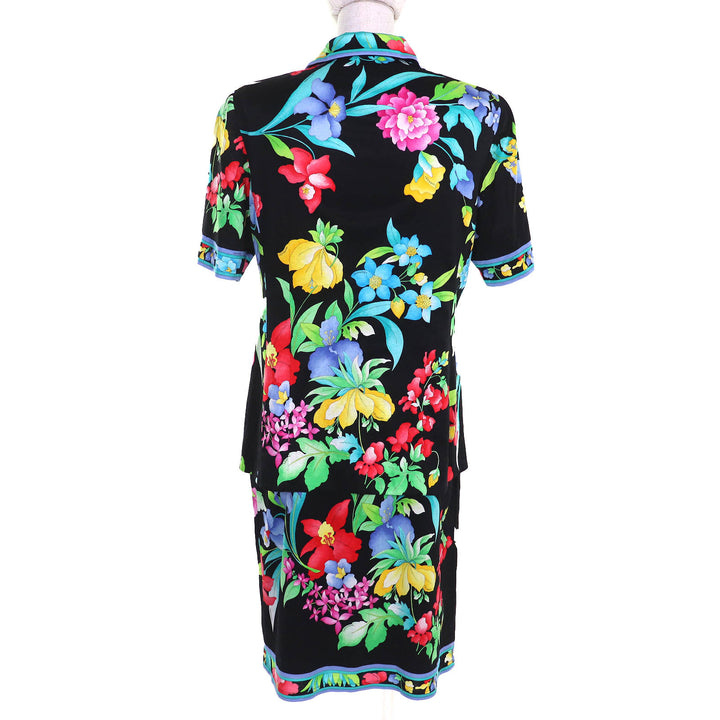美品△LEONARD FASHION レオナールファッション 0301102/0302102 コットン100% 花柄 ロゴ金ボタン 半袖ジャケット スカート セットアップ