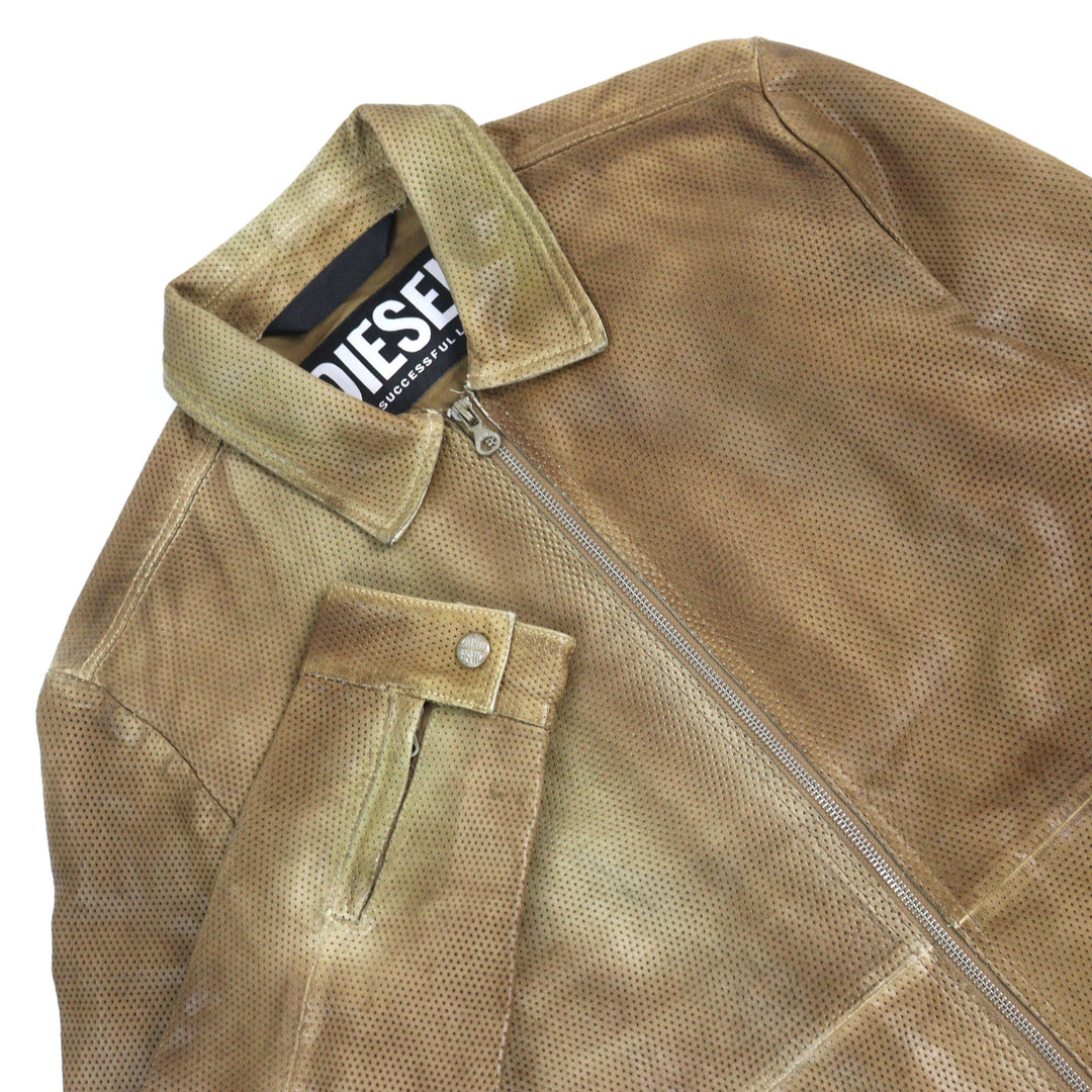 美品○DIESEL ディーゼル 23SS A08807 L-CLIME シープスキン ロゴジップ フェード加工 パンチング レザージャケット 48 正規品 メンズ