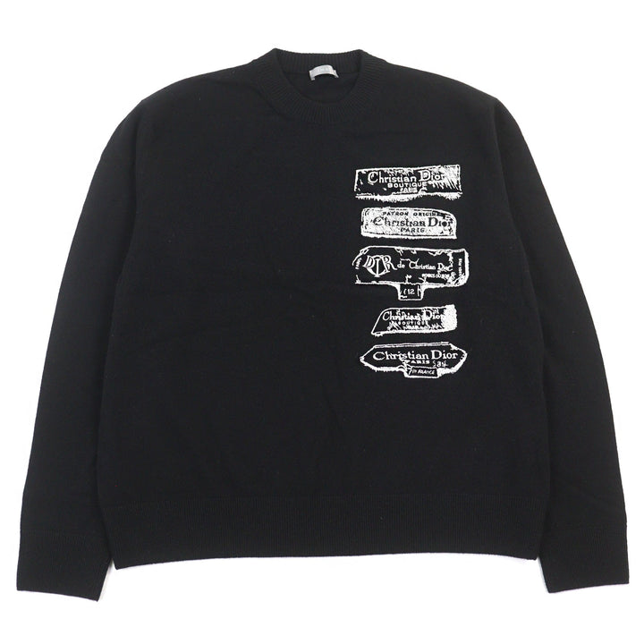美品○DIOR ディオール オム 25SS 513M663A2007 ウール100% Archives Labels刺繍 ロゴ入り クルーネック ニット 黒系 L 正規品 メンズ