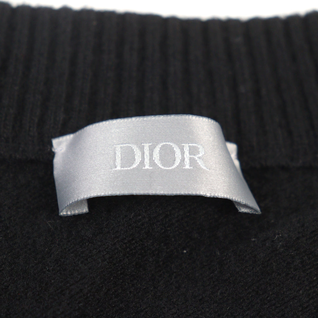 美品○DIOR ディオール オム 25SS 513M663A2007 ウール100% Archives Labels刺繍 ロゴ入り クルーネック ニット 黒系 L 正規品 メンズ