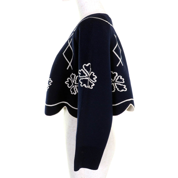 極美品△Christian Dior クリスチャンディオール 6E24579AM509 ウール クローバー 裾スカラップ 長袖 クロップド ニット 44 正規品