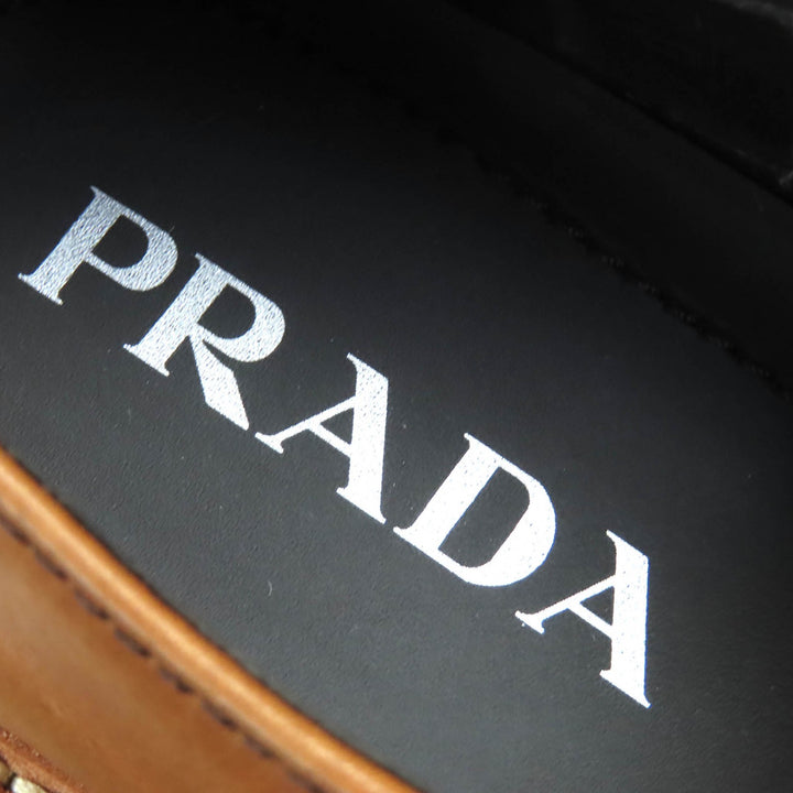 極美品△PRADA プラダ 1D801N トライアングルロゴ 三角プレート オックスフォード レザー ローファー ブラウン 37.5 箱・保存袋付き 伊製
