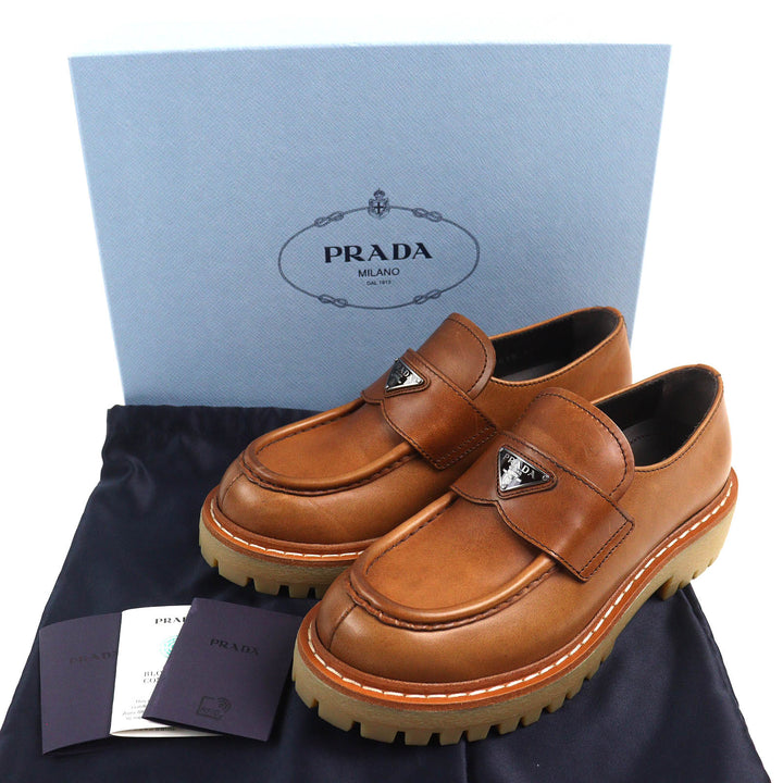 極美品△PRADA プラダ 1D801N トライアングルロゴ 三角プレート オックスフォード レザー ローファー ブラウン 37.5 箱・保存袋付き 伊製