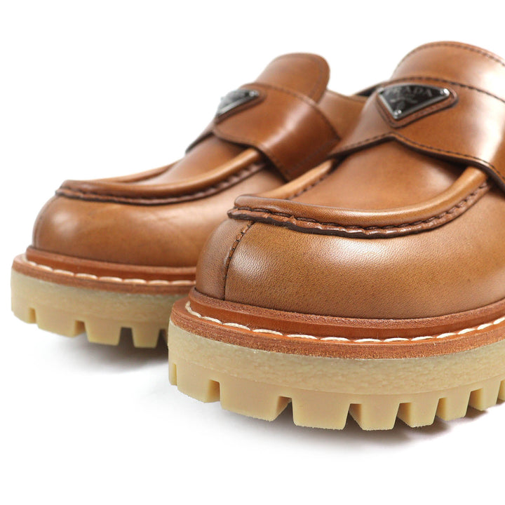 極美品△PRADA プラダ 1D801N トライアングルロゴ 三角プレート オックスフォード レザー ローファー ブラウン 37.5 箱・保存袋付き 伊製
