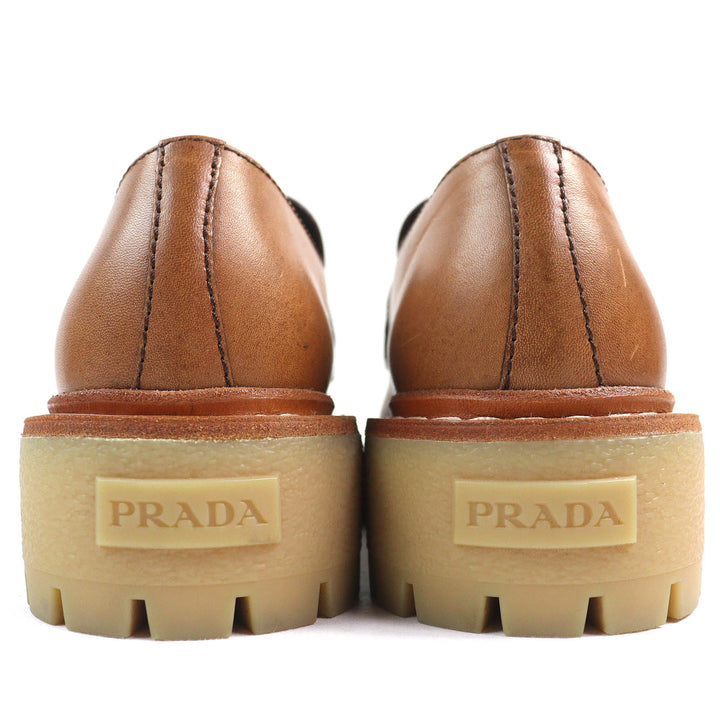 極美品△PRADA プラダ 1D801N トライアングルロゴ 三角プレート オックスフォード レザー ローファー ブラウン 37.5 箱・保存袋付き 伊製