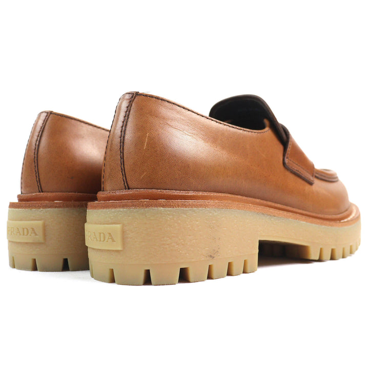 極美品△PRADA プラダ 1D801N トライアングルロゴ 三角プレート オックスフォード レザー ローファー ブラウン 37.5 箱・保存袋付き 伊製