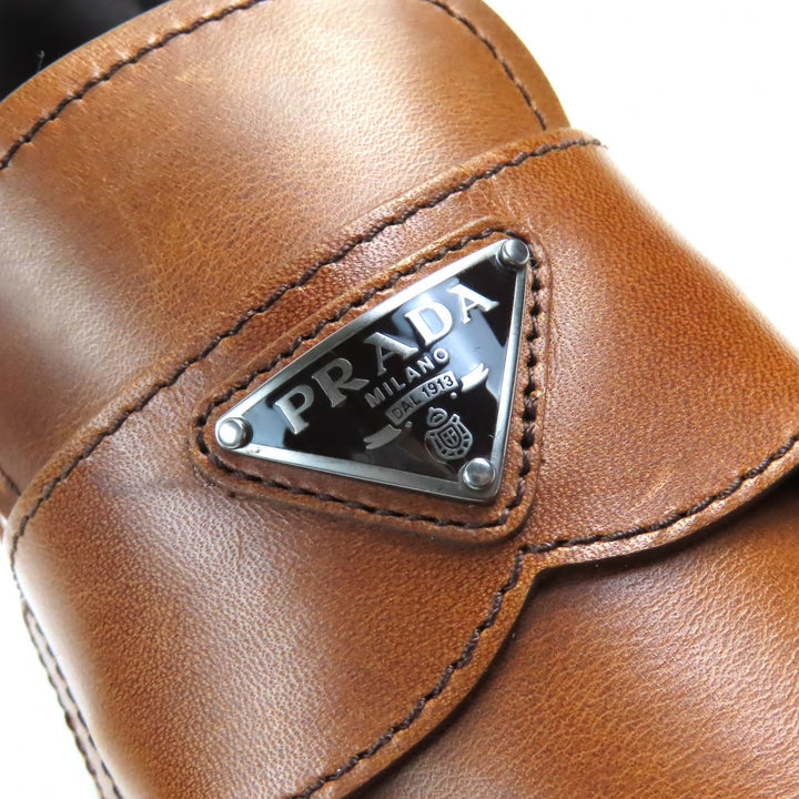 極美品△PRADA プラダ 1D801N トライアングルロゴ 三角プレート オックスフォード レザー ローファー ブラウン 37.5 箱・保存袋付き 伊製