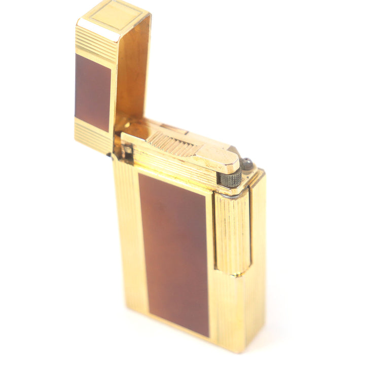 外装美品□Dupont デュポン ライン1 ロング ラッカー ガスライター 喫煙具 ゴールド ブラウン ケース付き フランス製 メンズ 着火不可