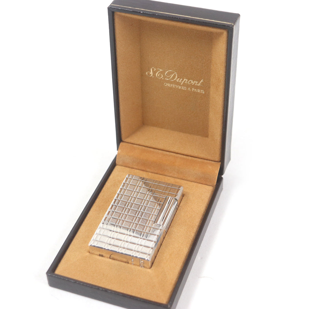 外装美品□Dupont デュポン ライン1 ロング ブロックチェック柄 ガスライター 喫煙具 シルバー ケース付き フランス製 メンズ 着火不可