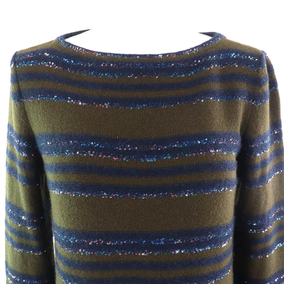 美品△CHANEL シャネル P62936 カシミヤ ココボタン スパンコール ボーダー柄 長袖 ニット ワンピース カーキ ネイビー 38 イタリア製