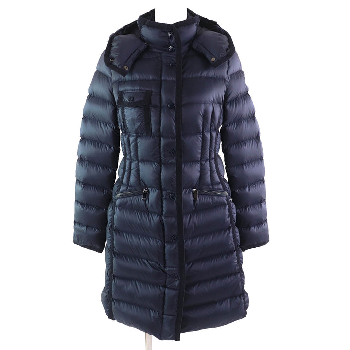 美品△MONCLER モンクレール HERMINE エルミンヌ ロゴワッペン フード付 ロングダウンコート ネイビー 0 正規品 レディース 美シルエット