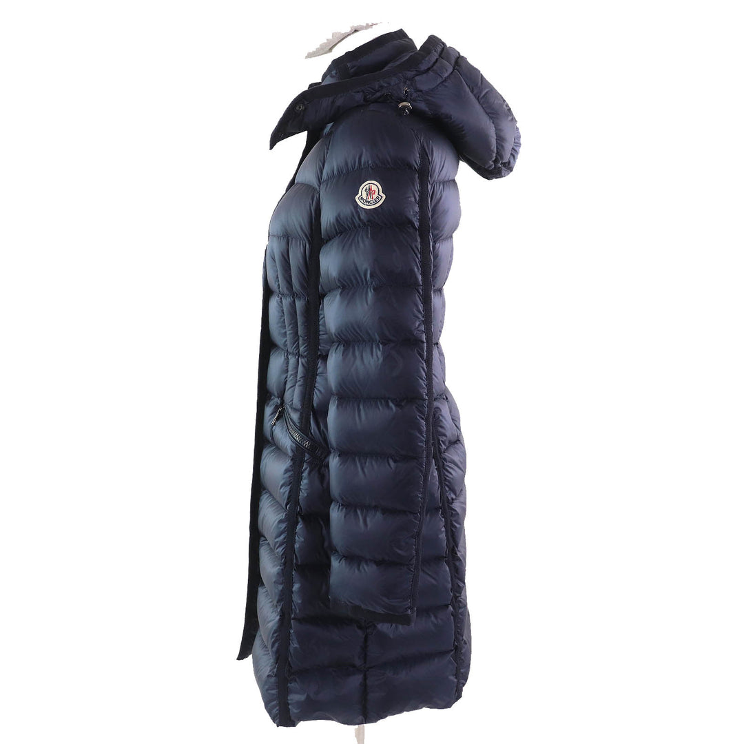 美品△MONCLER モンクレール HERMINE エルミンヌ ロゴワッペン フード付 ロングダウンコート ネイビー 0 正規品 レディース 美シルエット